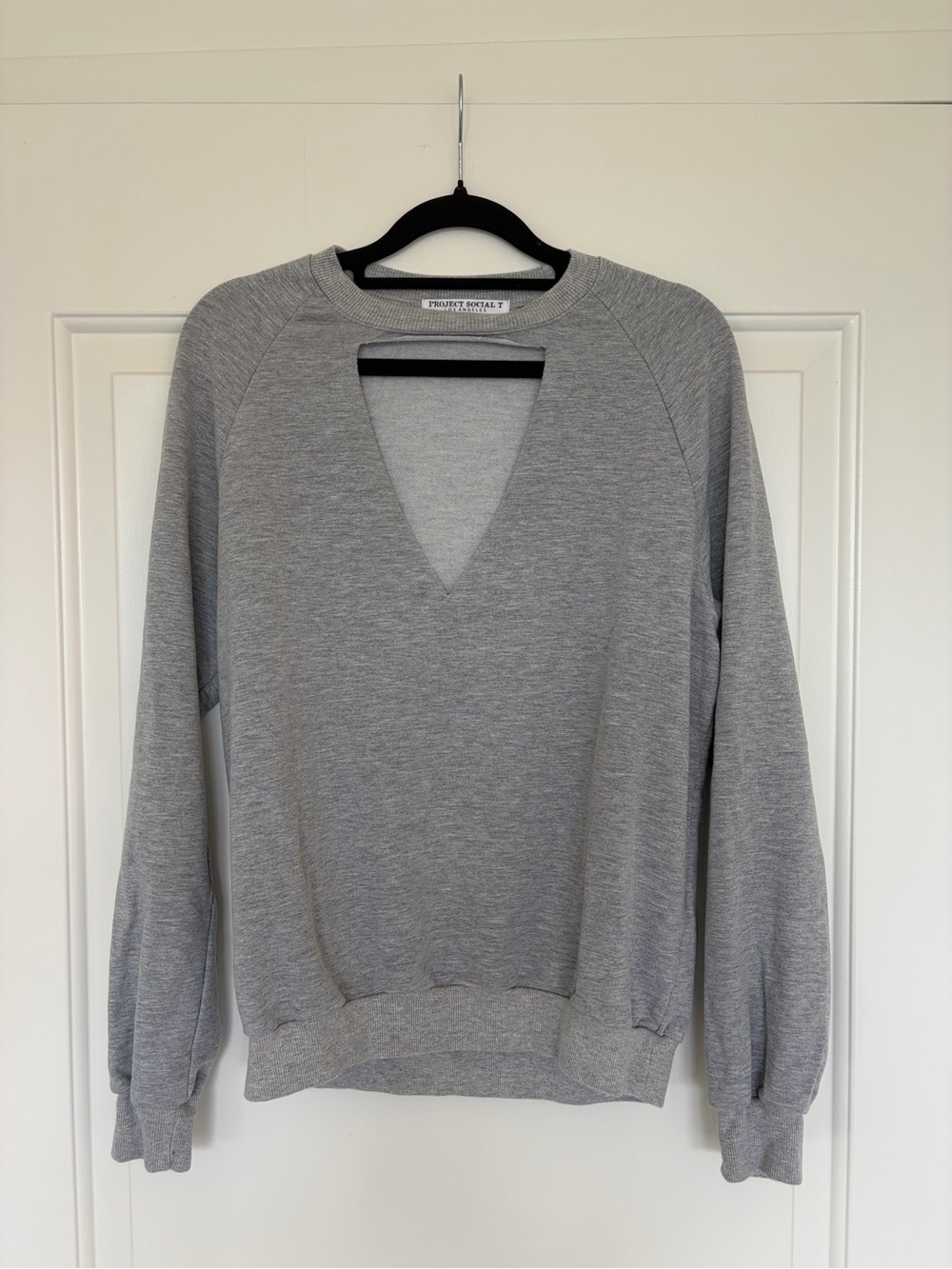 Project Social T Gray V-Neck Cutout Lightweight Sweatshirt